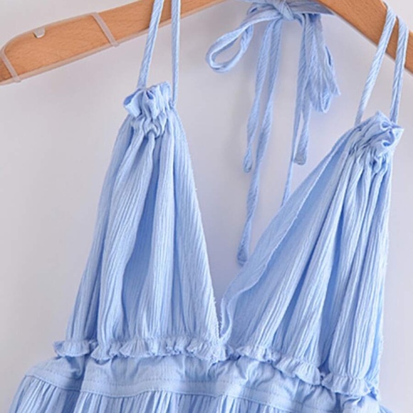 Bohemian Baby Blue Backless V Halter Swiss Dot Mini Layered Dress - Picture 7 of 11